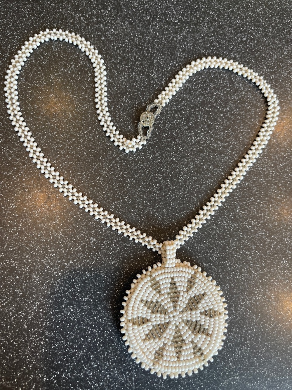 Native American double-sided pendant seed bead necklace - 21” + 2.5” pendant